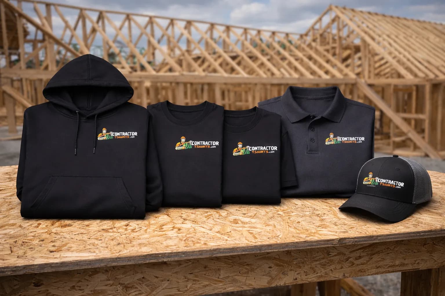 Multiple contractor shirts with identical logo placement